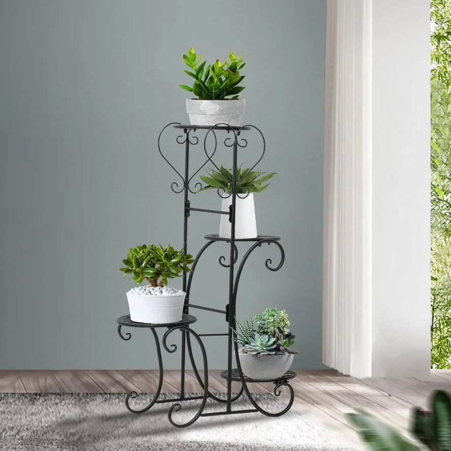 4-Tier Black Iron Plant Stand with Classical European Design