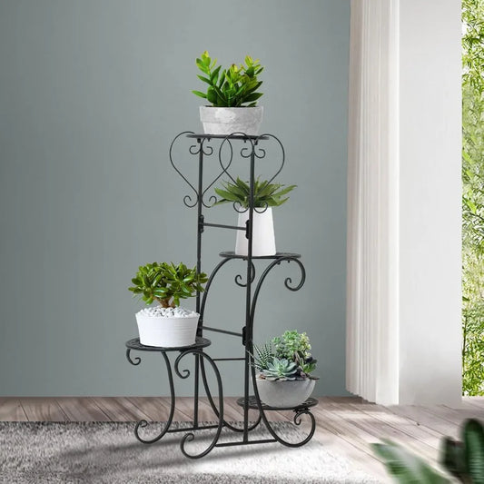 4-Tier Black Iron Plant Stand with Classical European Design