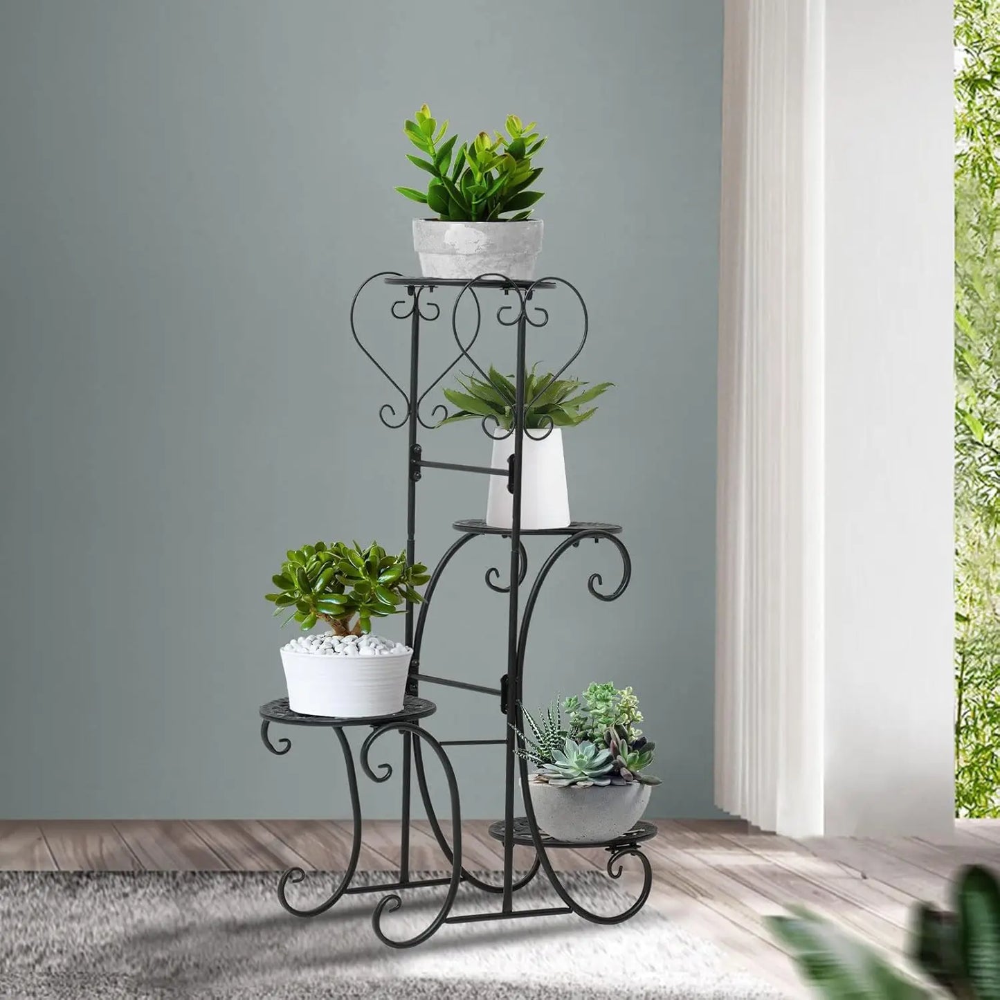 4-Tier Black Iron Plant Stand with Classical European Design