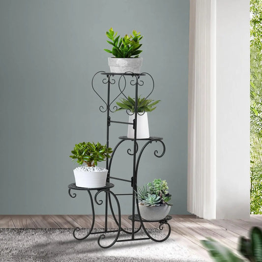 4-Tier Black Iron Plant Stand with Classical European Design