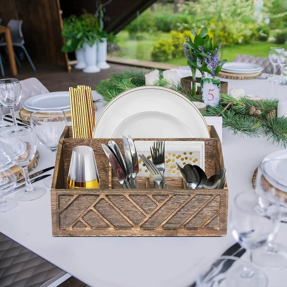 Wooden Paper Plate & Utensil Holder Caddy