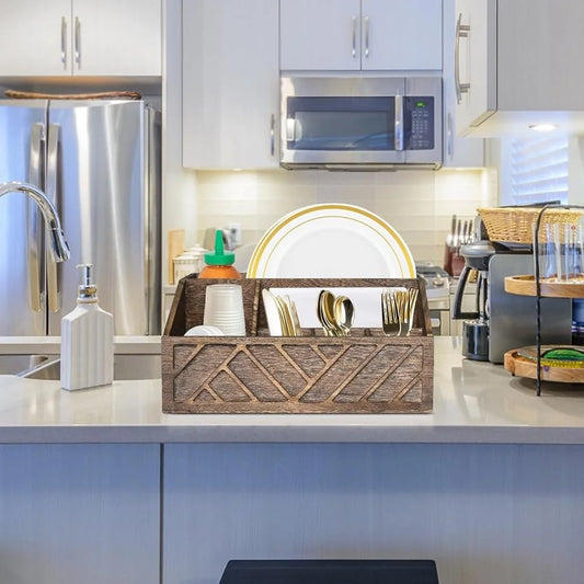 Wooden Paper Plate & Utensil Holder Caddy